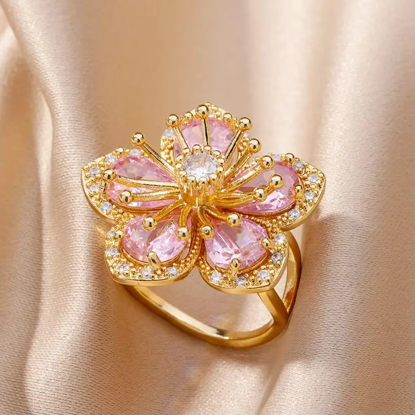 Pink Zircon Flower Rings for Women