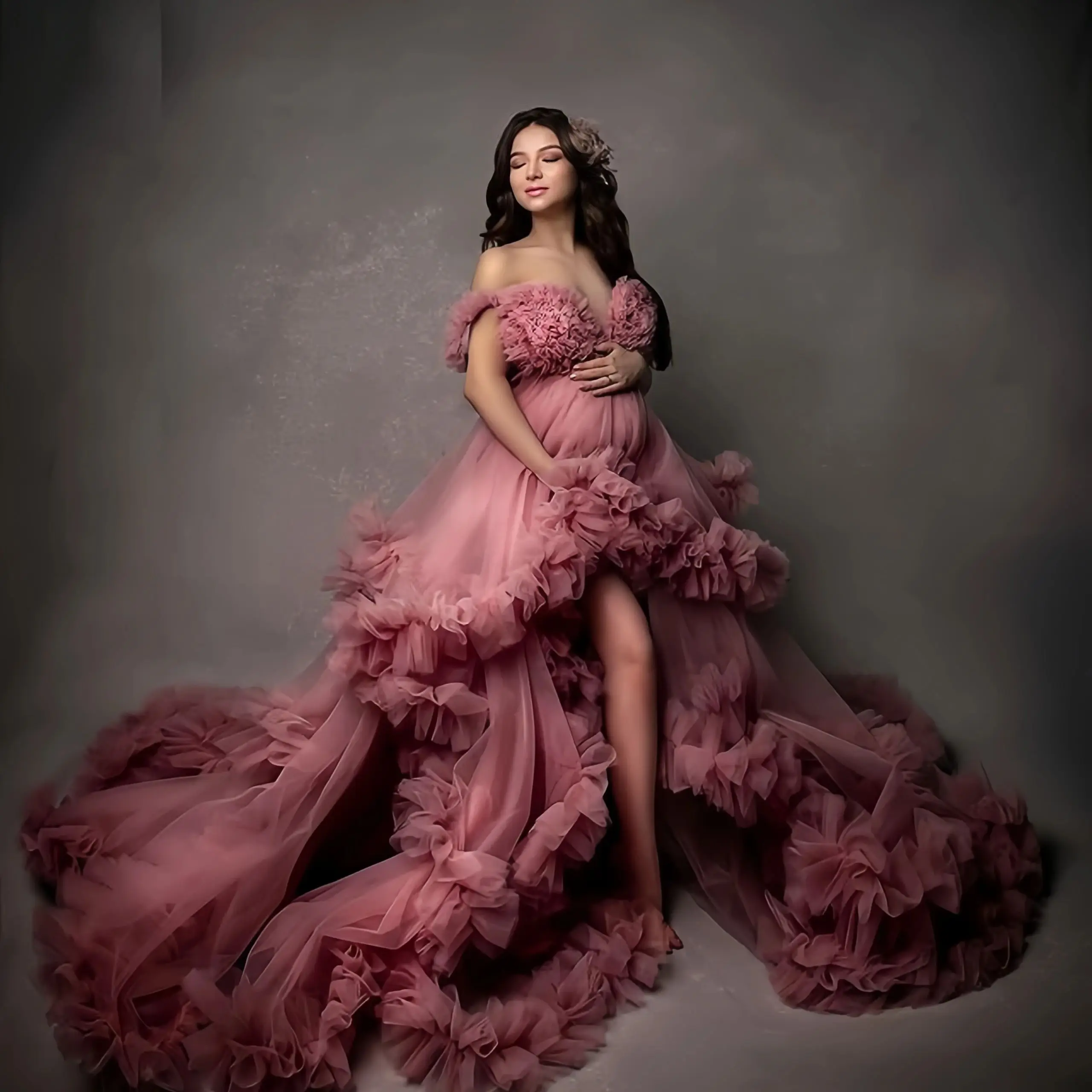 

Elegant Maternity Dresses for Women V Neck Ruffles Long Grils Slit Babyshower Gowns for Pregnancy Tiered Ruched Prom Dress