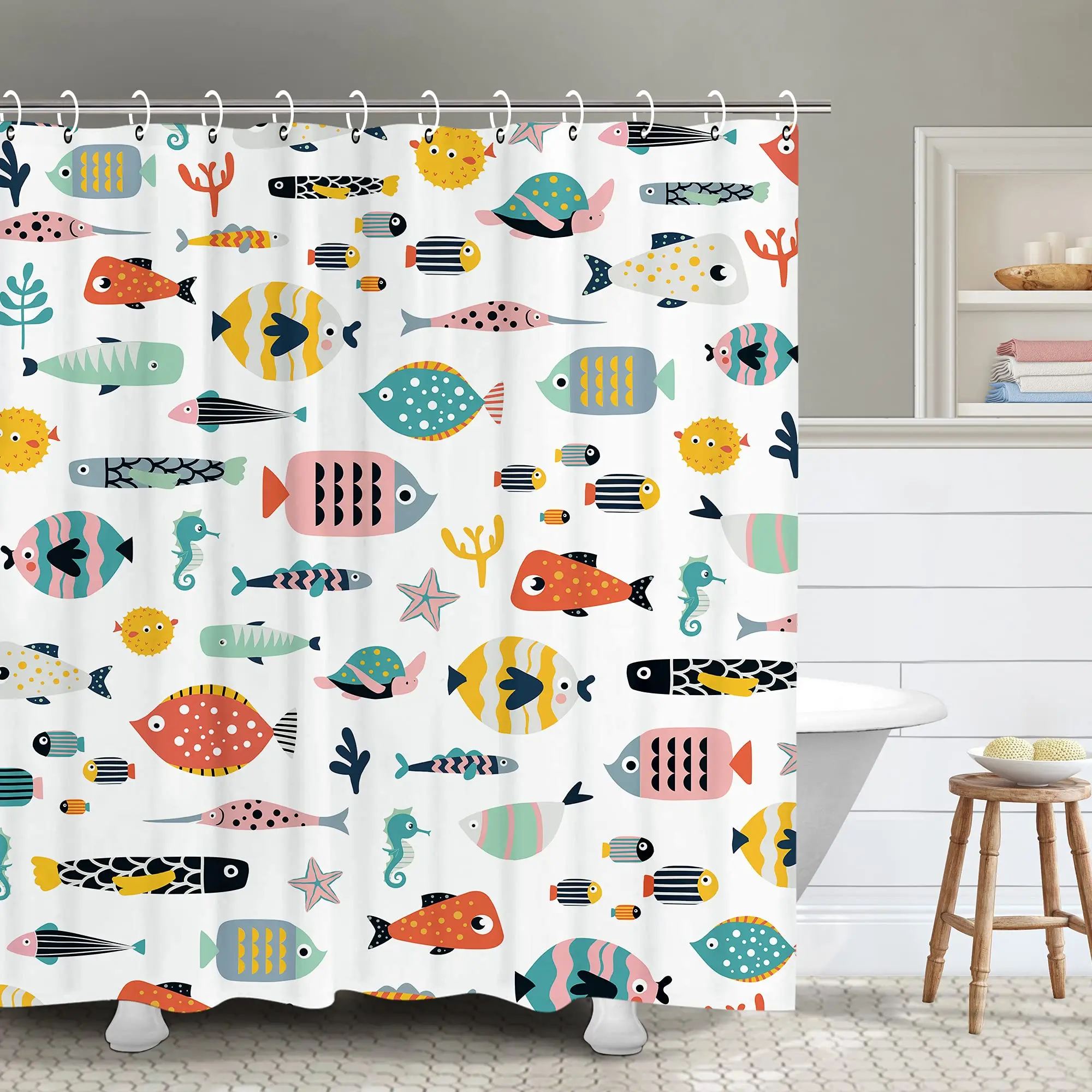 Retro Duschvorhang Vintage – Hirsch, Elch, Bär Motiv, Wasserdicht 183x183 Cm, Mit 12 Haken