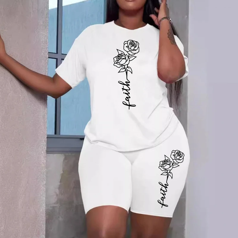 2025 Summer Hot Sale Women's Shorts Outfits O-neck T-shirts and Elastic Shorts Ladies Home Outdoor Comfortable Soft Tracksuits 4