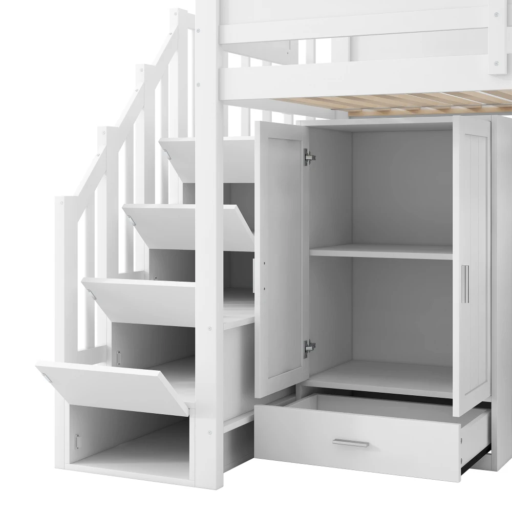 90x200cm Kinderzimmer-Hochbett mit Schreibtisch, Regal und Kleiderschrank, modernes Kinderbett mit Stauraumtreppe und LED-Leuchten, weißes Etagenbett – Detail 7