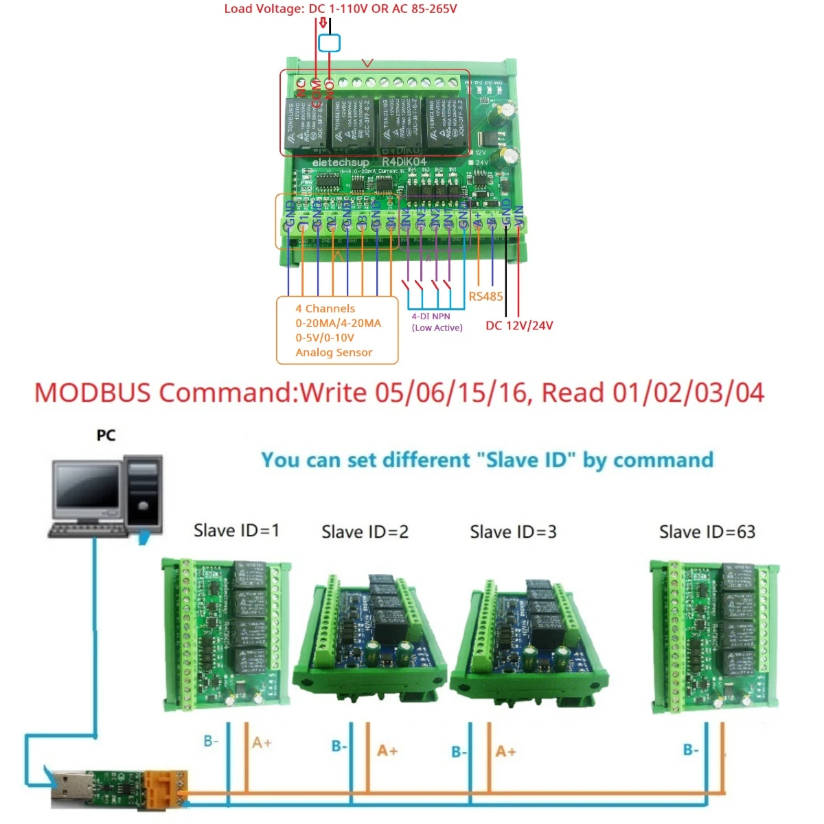 

4CH 4AI-4DI-4DO 4-20MA 0-5V 0-10V Analog Digital Mixed IO Module Modbus RTU RS485 Relay Board Current Voltage ADC DC 12V/24V