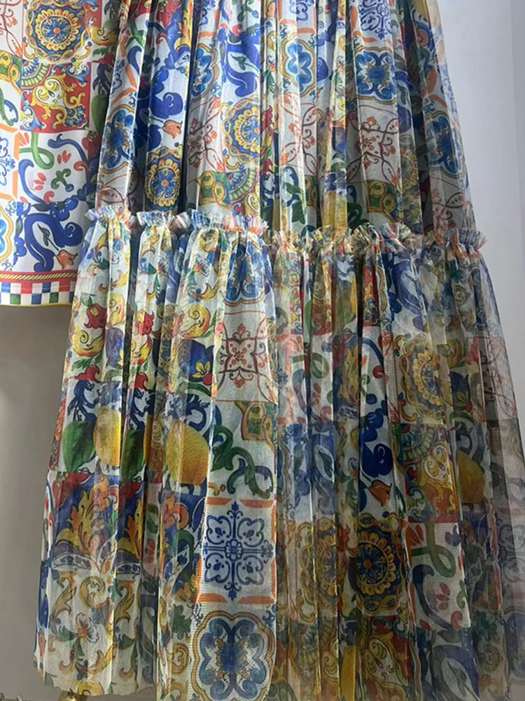 Retro mesh elastic long-sleeved top spring and summer new elastic waist big swing skirt fashion print women's two-piece dress 2