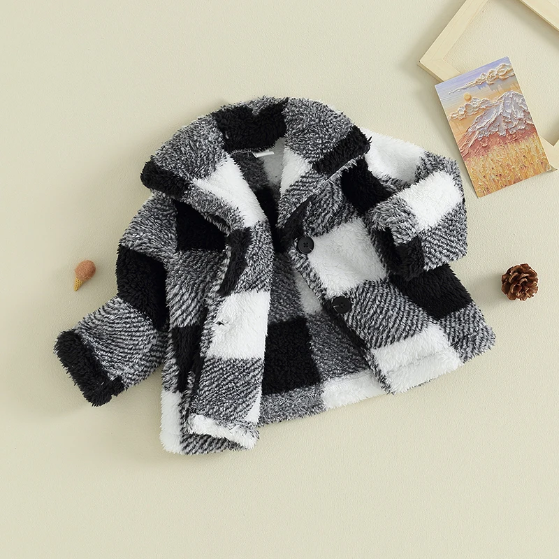 Children Plaid Plush Jacket For Baby Boys Girls Fall Winter Long Sleeve Button Cardigan Coat Outerwear Fleece Cardigan Clothing