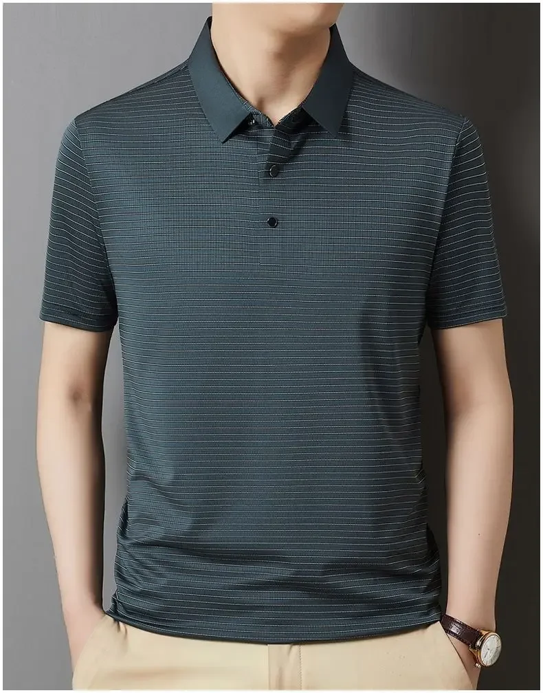 Dad's Top Summer Ice Silk Men's Thin Versatile Breathable Striped POLO Shirt Dad's Casual Short-sleeved Top 14 S91c435cc52314e3c8bf33d2d55d197b8p