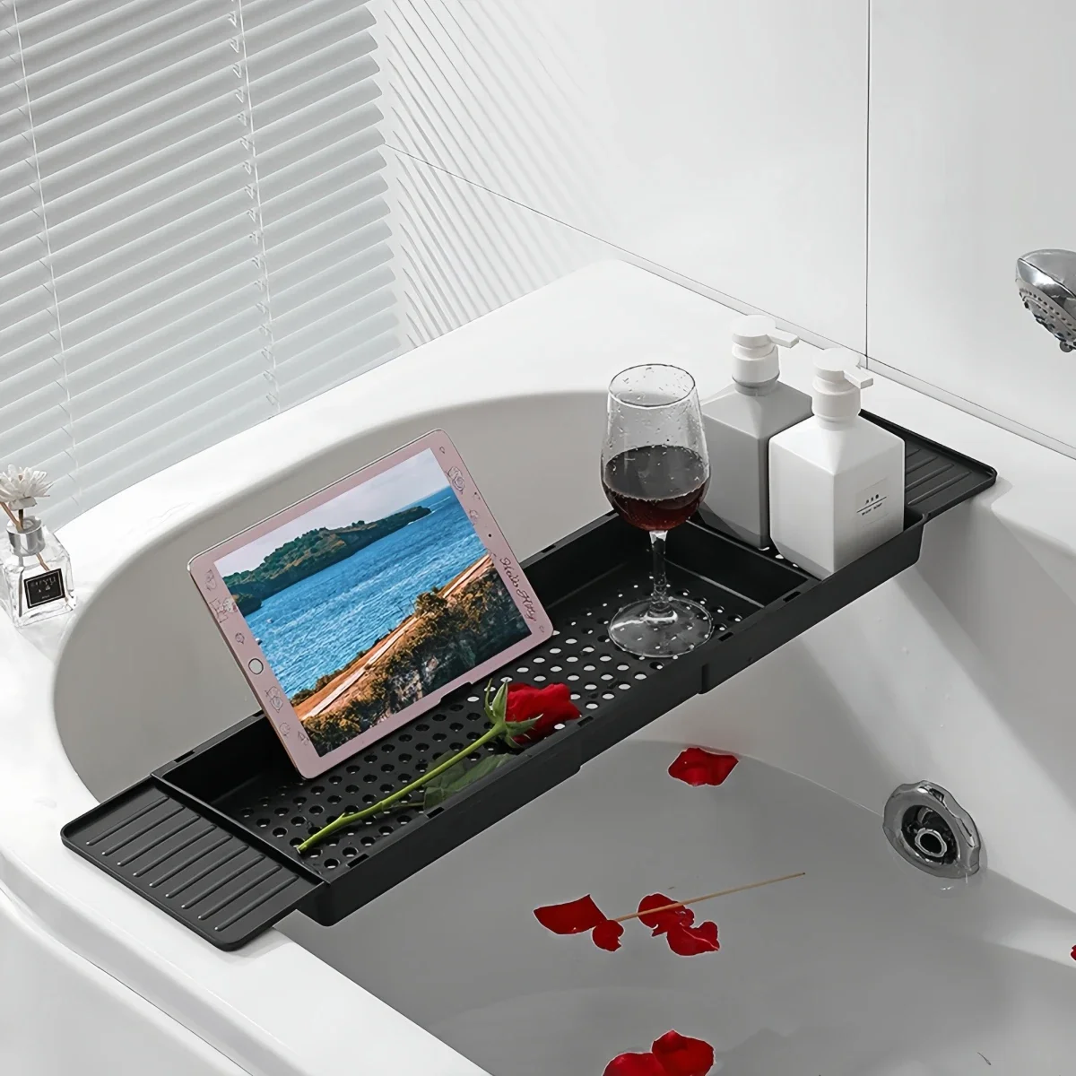 อ่างอาบน้ําแบบพับเก็บได้แคดดี้ถาด-ปรับอ่างอาบน้ําพลาสติกOrganizer,Non-Slipห้องน้ําสําหรับห้องอาบน้ําฝักบัวอ่างอาบน้ําถาด 1