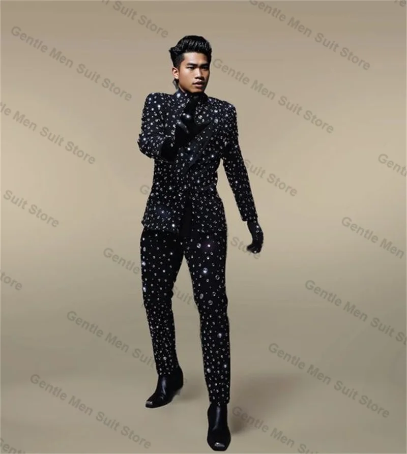 

Luxury Crystals Men Suits Set 2 Piece Blazer+Pants Red Carpet Prom Groom Wedding Tuxedo Coat Custom Made Jacket Trousers