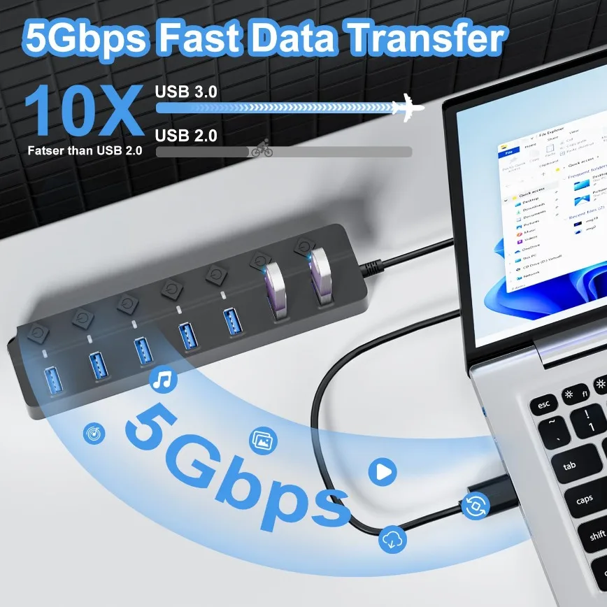 7포트 USB 허브 3.0 USB 허브 확장기 분배기, 개별 온/오프 스위치 및 조명 포함, 맥북 노트북 PC 플래시 드라이브 모바일 HDD용