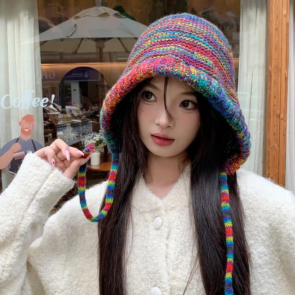 

New Autumn Women Knitted Beanie Cap Rainbow Striped Beanies Hats Winter Warm Hip Hop Punk Reggae Skull Hat Korea Style