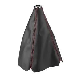 Universal Black PU Leather Gear Knob Cover with Red Stitching (A)
