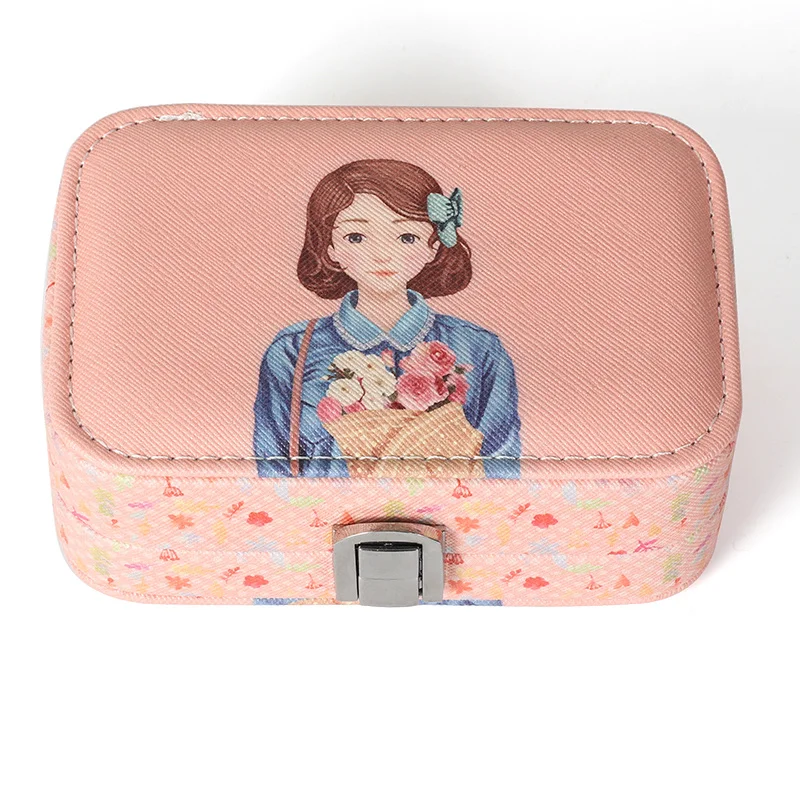 Cute Girl Pattern Jewelry Storage Box Jewelry Box For Birthday Earrings Ring Necklace PU Leather Gift Package Box