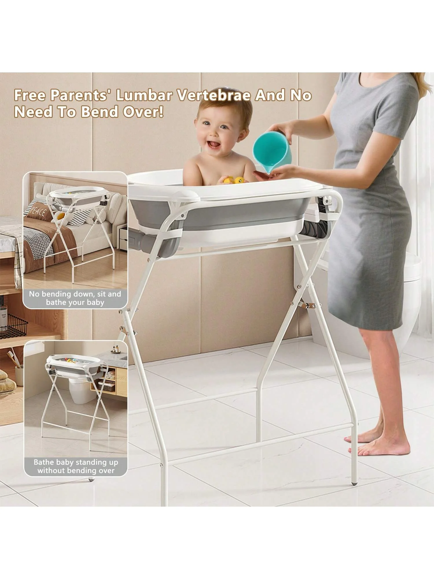 Foldable Baby Bath Tub with Stand, Built-in Thermometer,