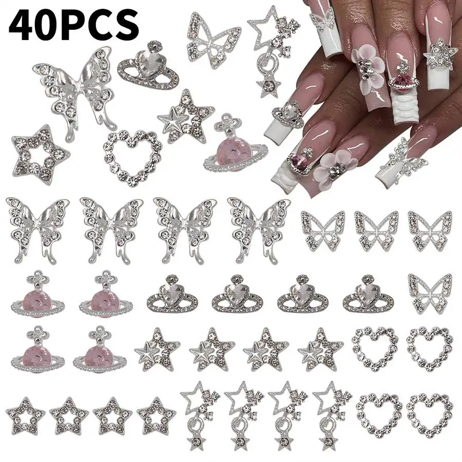 40PCS 네일 라인스톤 토성 행성 크로스 네일 참 장식품 럭스 네일 부품 다이..