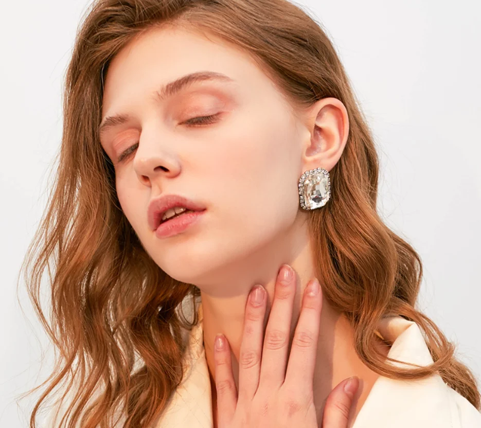 925 silver simple shiny square artificial crystal wedding bride Earrings for women Fashion Jewelry