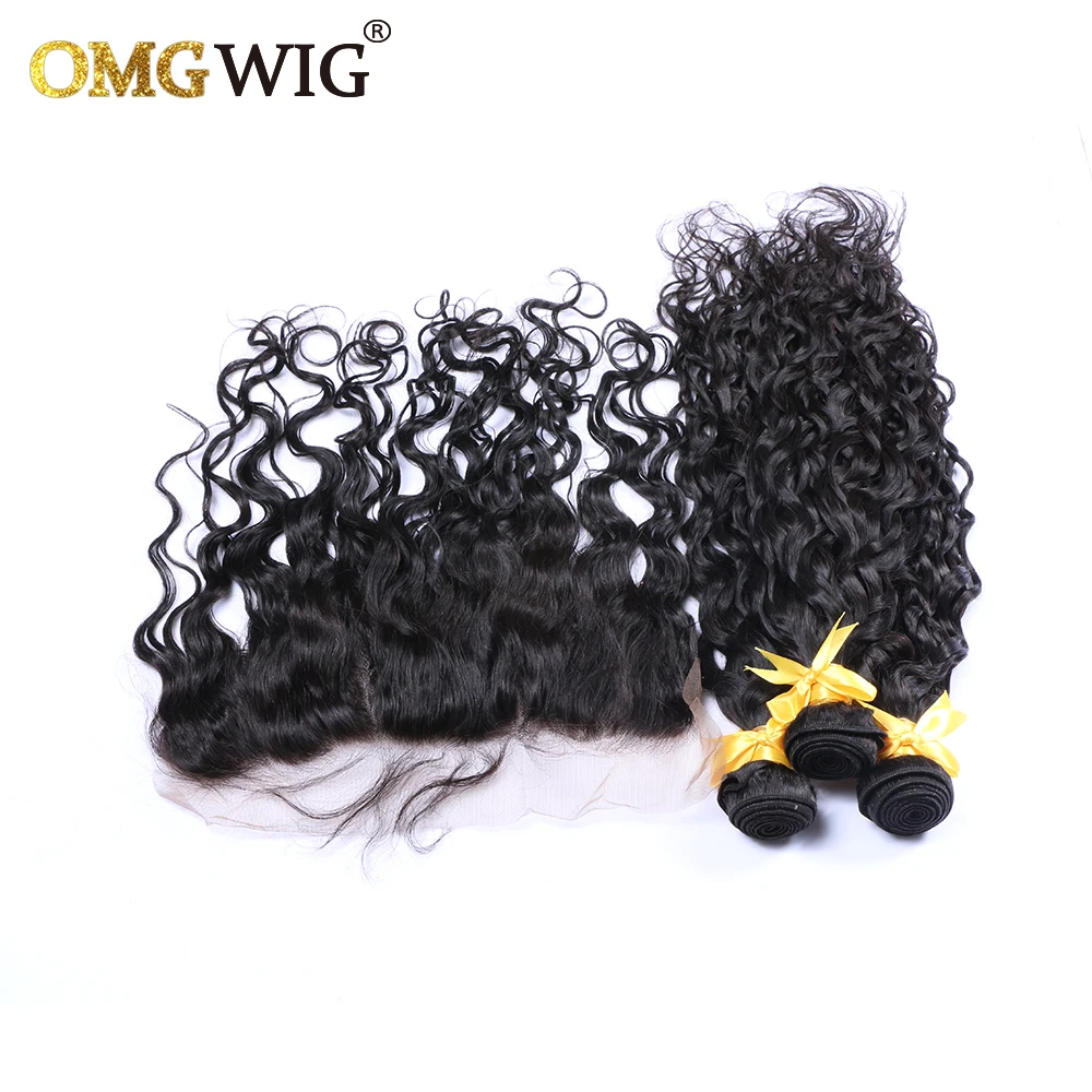 Natural Color Hair Bundles With 13x4 Base Closures Water Wave Brazilian Human Hair Free Part Bleached Knots Transparent Lace