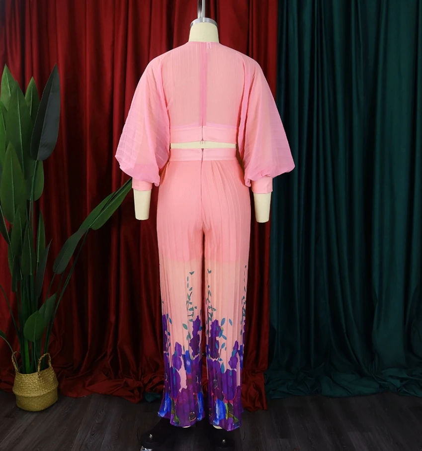 Women's Pants Set 2023 Fashionable Loose V-Neck Chiffon Lantern Sleeve Top and Printing Pleated Wide-Leg Pants Two-Piece Set
