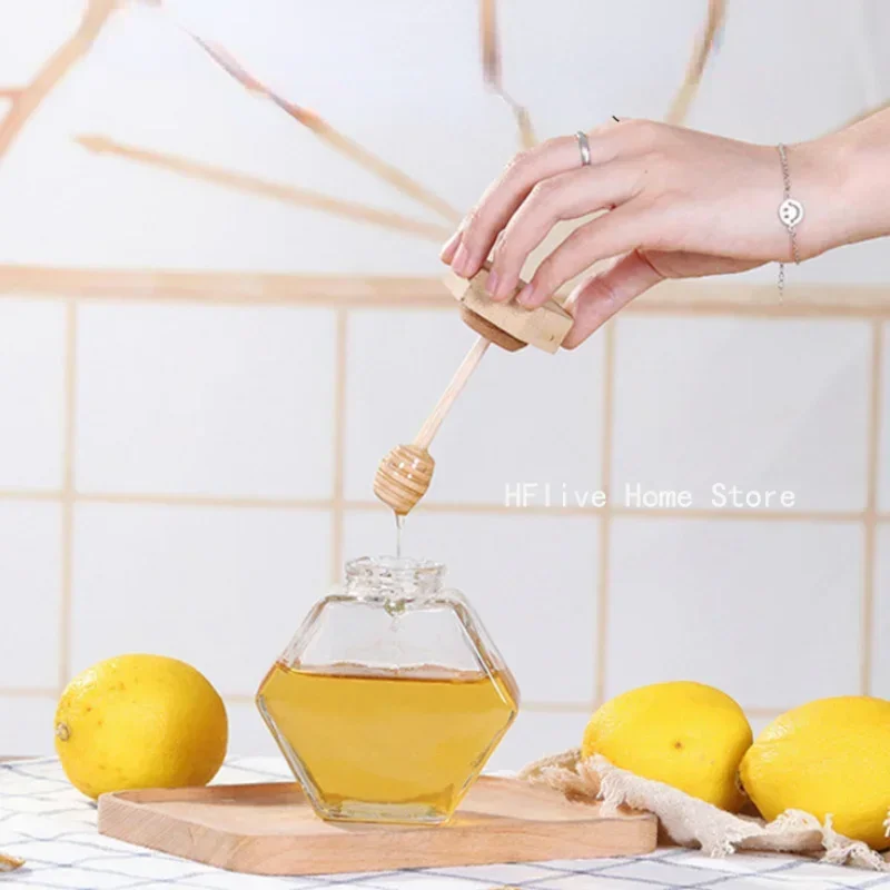 Hexagonal Glass Honey Bottle Wooden Stirring Rod Honey Packaging Bottle 110/220/380ML Small Honey Bottle Container Jar 4