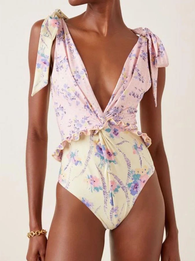 

Fashion Women's One-piece Strap Design Pink Yellow Matching Color Small Floral Print Deep V-neck Waist Lace 2023 Panel Swimsuit
