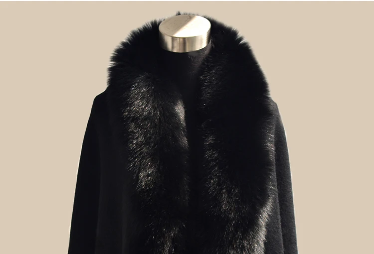 Schulterwickel aus reiner 100 % Wolle mit verlängertem echtem Fuchspelzkragen für Frauen, Hochzeit, Party, Pelzumhang, Herbst-Winter-Mode-Umhang – Detail 21