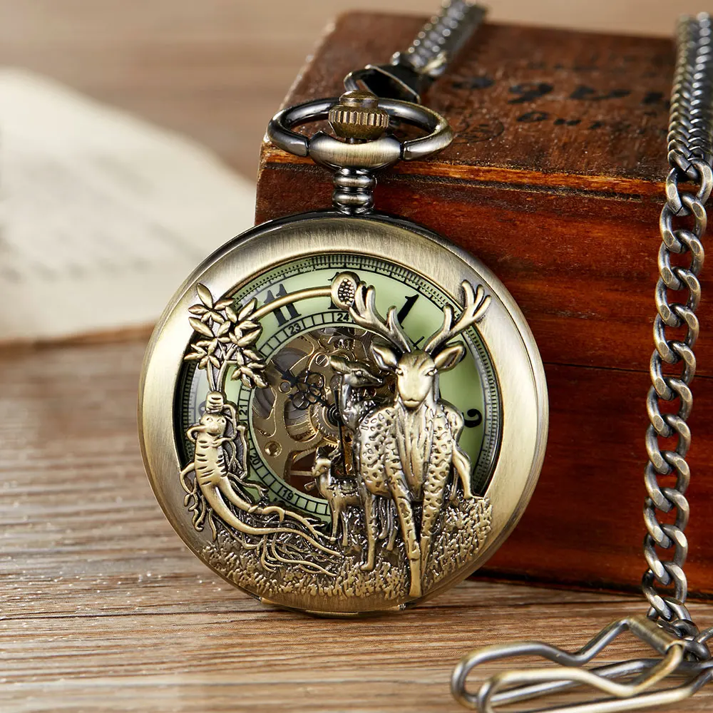 

Vintage Hollow Deer Wolf Horse Skeleton Mechanical Pocket Watch Double Open Animal Cover Fob Chain Men Steampunk Pendant Gifts