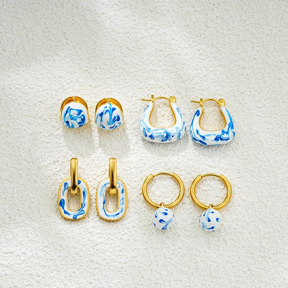 Elegant White Blue Porcelain Enamel Chunky Ear Stud Hoop Earrings Women Stainless Steel Gold Plated U Shape Drop Earring Jewelry