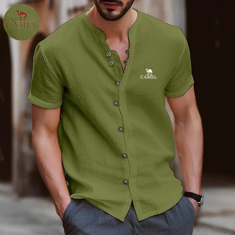Embroidered CAMEL high-quality men's spring/summer short sleeved cotton linen shirt, business casual loose fitting T-shirt top