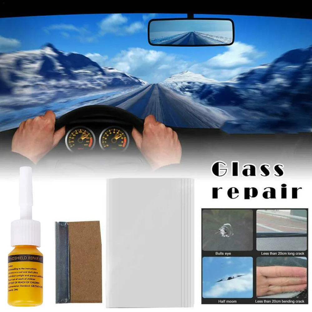 Car glass repair kit 5pcs car broken glass repair kit windshield set DIY casement tool glass scratches repair 1*Repair fluid+3*Cured films+1*Repair B