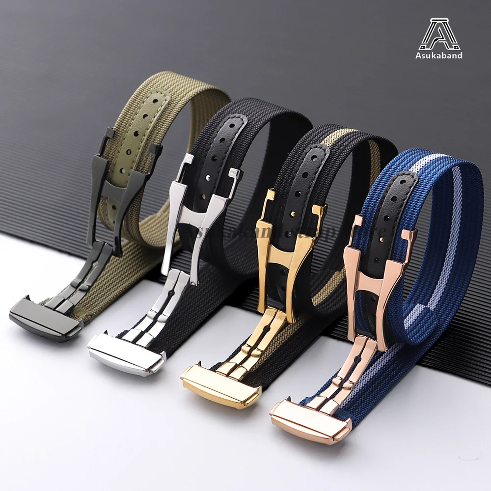 Black Nylon Watch Band with Folding Buckle – 20mm Military Sports Fabric Strap