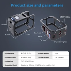 TELESIN Premium Aluminum Protective Frame Case with Dual Cold Shoe Mounts for Action 3 4 5Pro