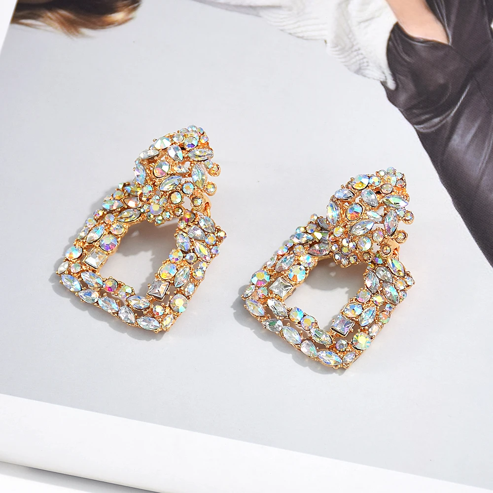 Colorful Crystals Square Metal Drop Earrings For Women Fashion Rhinestone Jewelry Accessories