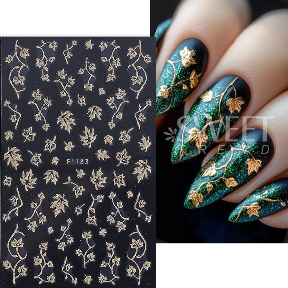 3pcs Glitter Gold Silver Leaf Nail Stickers Sparkling Simple Leaves Hibiscus Flower French Designs Nail Charms Decals Decoration