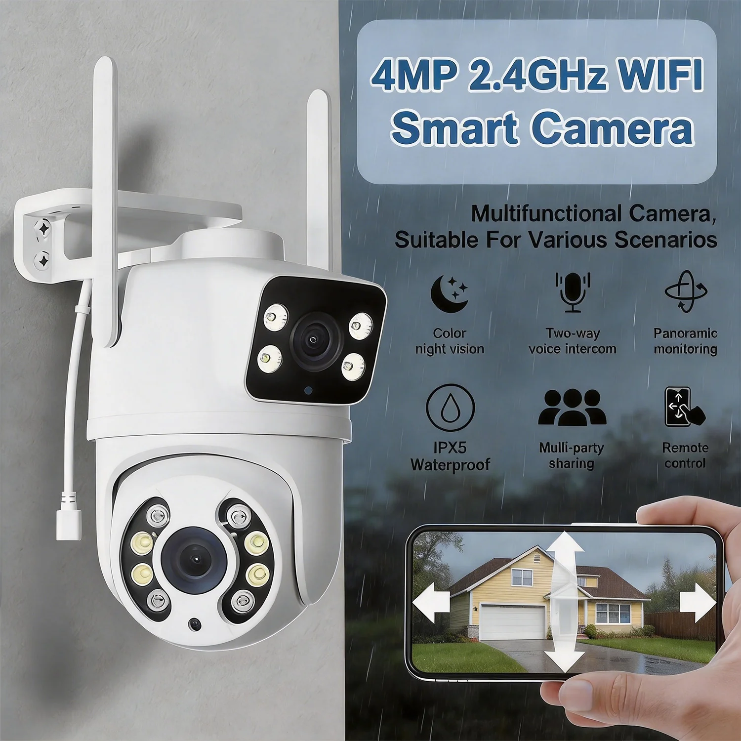 Caméra de sécurité domestique à double objectif 4MP, caméra de surveillance extérieure WiFi 2,4 GHz avec 355 °   Caméra Pan-Tilt, vision nocturne couleur, détection de mouvement, audio bidirectionnel, étanche IPX5, pour jardin/bureau/ferme 1