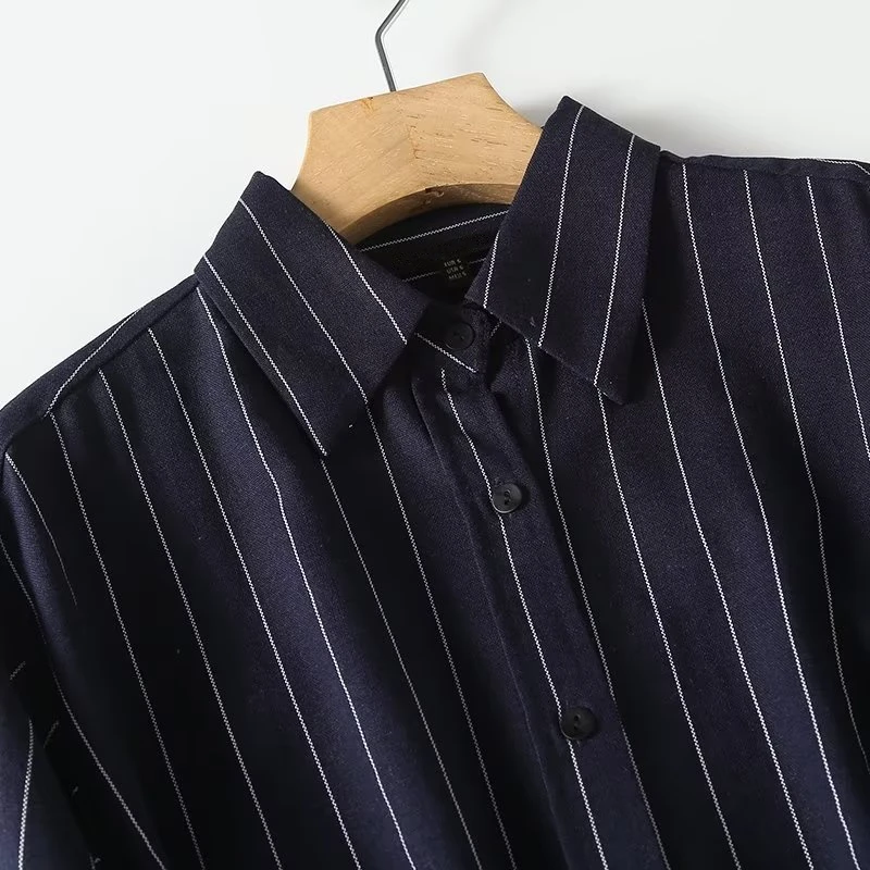 Withered French Office Ladies Elegant Vintage Striped Linen Shirt Boyfriend Style Navy Blue Fashion Loose Shirt Tops Women