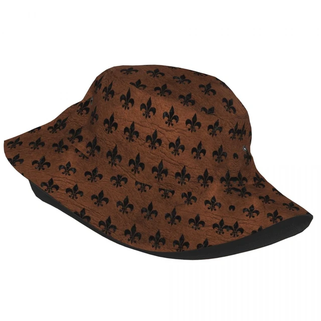 Fashion Royal Black Marble Brown Leather Fleur De Lis Bucket Hat