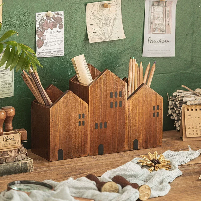 2pcs House Wooden Pen Holder Pencil container Makeup Brush Stationery storage box Student/ Office Desktop Storage Organiser 4