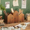 2pcs House Wooden Pen Holder Pencil container Makeup Brush Stationery storage box Student/ Office Desktop Storage Organiser 4