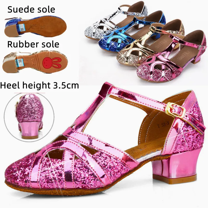 New Arrival Kids Girls Children Glitter Sequin Ballroom Tango Latin Salsa Dance Shoes Closed Toe Low Heel Princess Girls Sandals 3