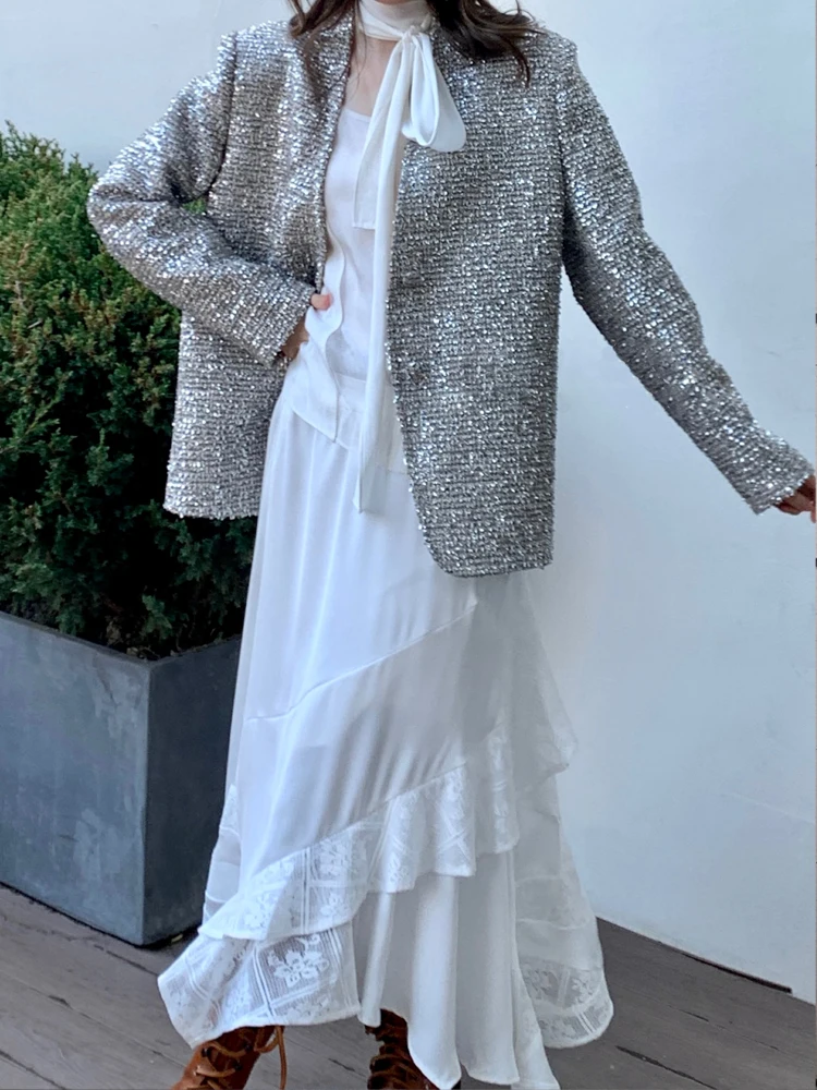 Stylish High quality Korean V-neck balzer for women 2024 Spring fall Single breasted jacket Korean style Sliver INKEO 3O299