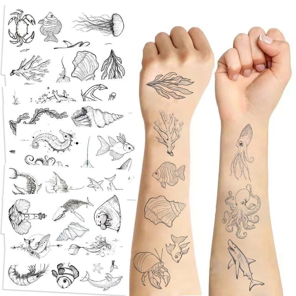 10 Sheets/Set Ocean Minimalist Shark Seahorse Jellyfish Tattoo Stickers For Face Hand Body Temporary Tattoo Stickers Toys Gifts tattoo sticker temporary tattoos
