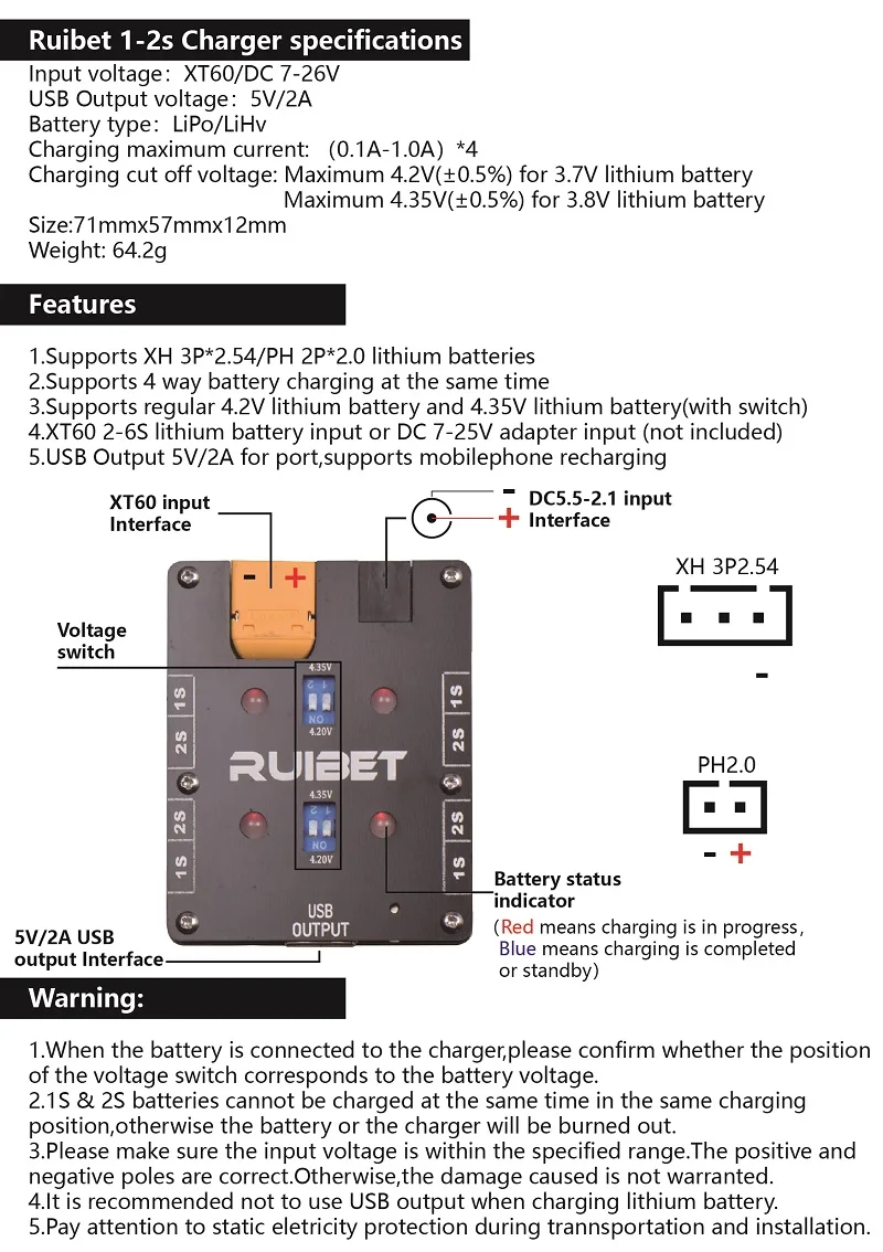 Compact 1-2S LIPO Charger for Tinywhoop Drones