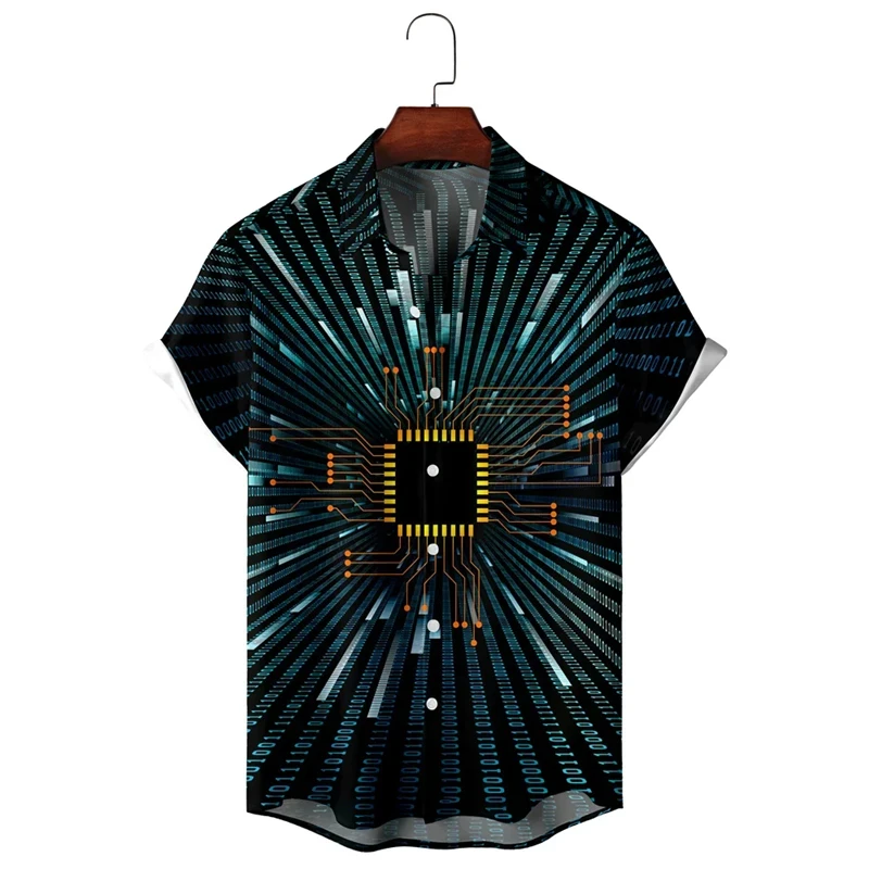 thumbnail image 1 of Camisa con estampado 3D de chip electrónico para hombre, camisa retro minimalista informal de verano, camisa personalizada con botón de ingeniero para hombre, 1 of 5