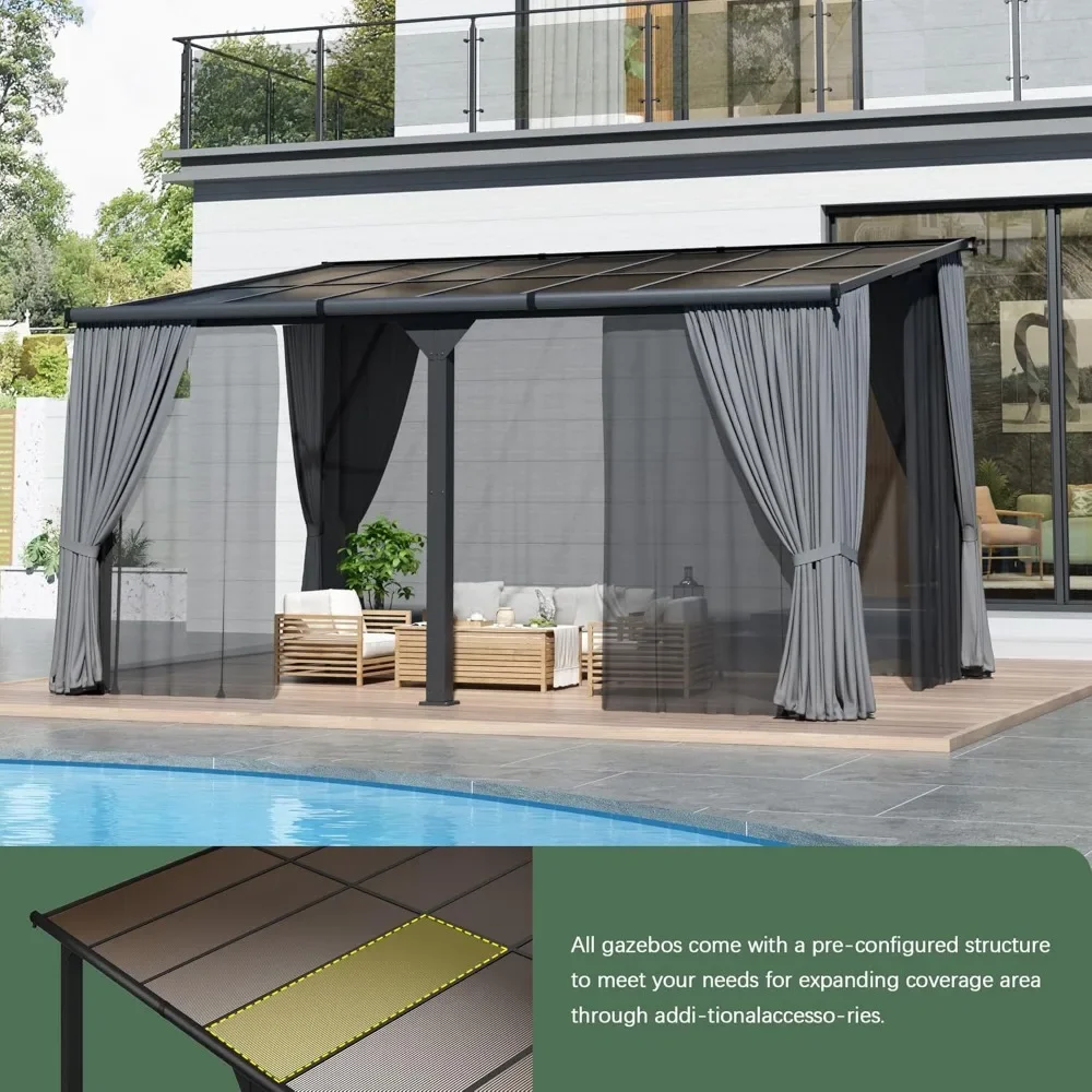 10x14 FT Gazebo, Hard Top Lean To Gazebo Pergola, Wall Mounted Awnings for Patio, Deck, Lawn and Backyard,Outdoor Gazebos 5