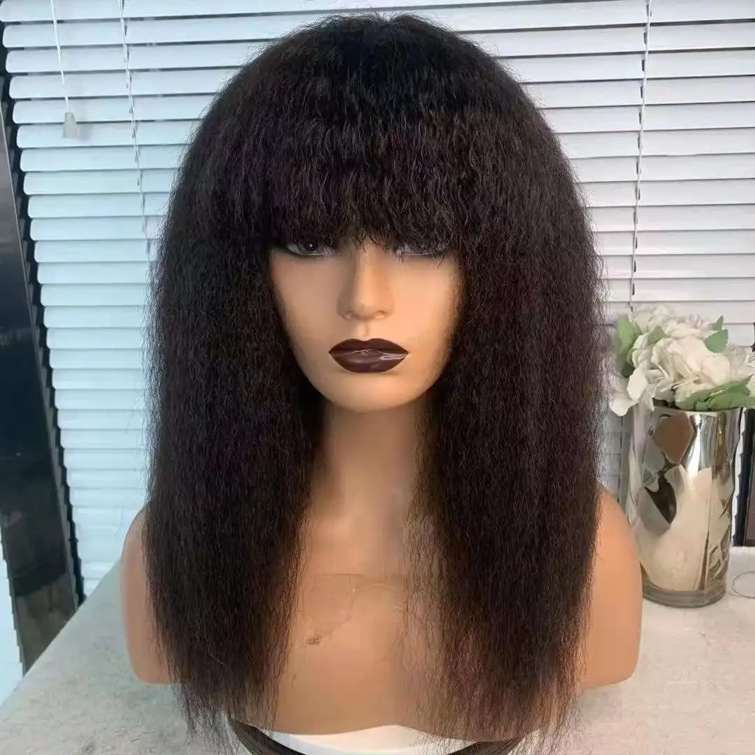 

Afro Kinky Straight Wigs with Bangs Glueless Human Hair Fringe Wig Italy Yaki Straight Hair Ready to Wear Wigs for Black Women