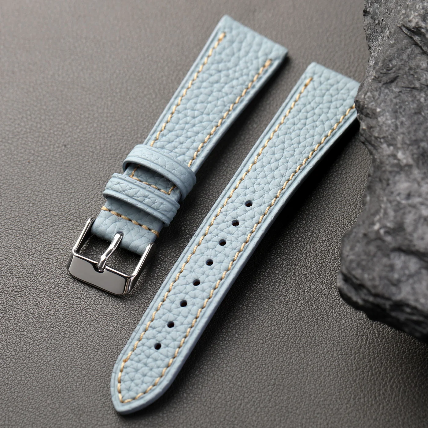 Luxurious Retro Soft Leather Strap in Elephant Grey and Glacier Blue