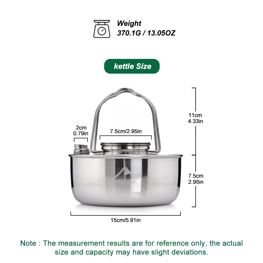 Camping Outdoor 1.7L SS304 Stainless Kettle Steel Short Hole Design Portable Cookware
