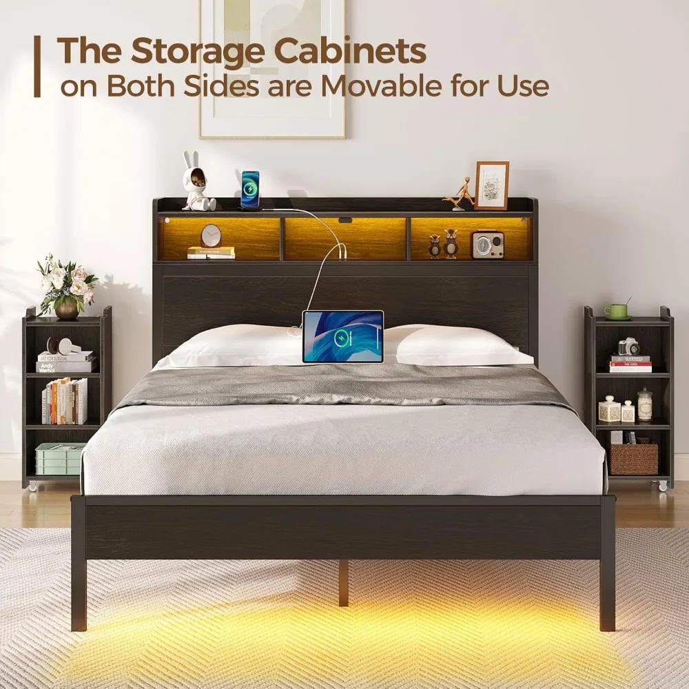 Bed Frame Full Size with Storage Headboard, Slide Out Bedside Storage, Beds with Charging Station & LED Lights, Full Bed Frame 4