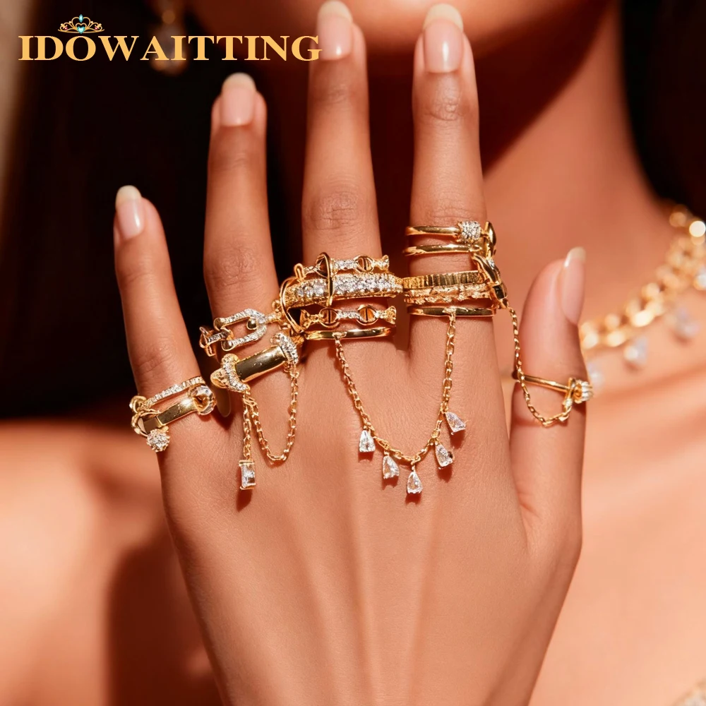 1 Piece Personalized Water Drops Tassel Link Chain Ring Fashion Style Bling Zirconia Gold Color Evening Finger Ring Jewelry