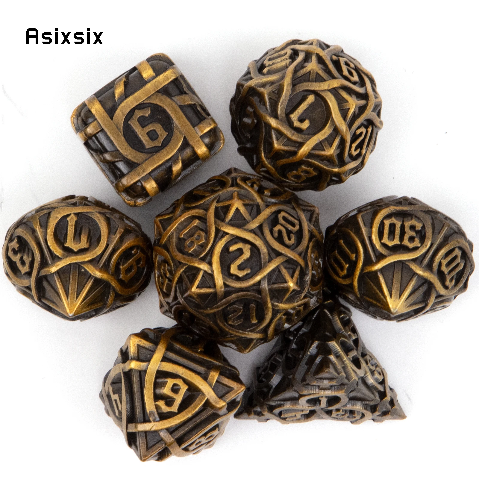 

7 шт., металлические кости в желтую полоску