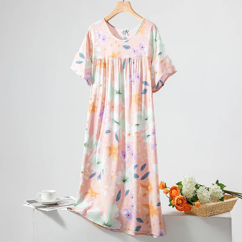 Summer Pajama Dress O Neck Nightgown For Sleeping Woman Short Sleeve Sleepwear Plus Size Home Wear Camison De Verano Para Mujer