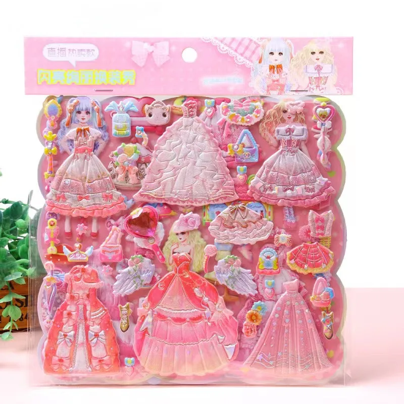 3D Puffy Sparkling Princess Adesivos para Meninas, Kawaii Cartoon, Bonecas  de Vestir, Brinquedo para Crianças, Laptop